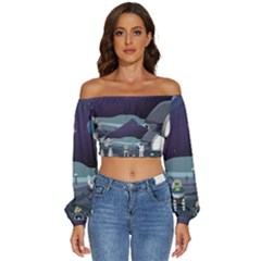 Alien Astronaut Scene Long Sleeve Crinkled Weave Crop Top by Bedest