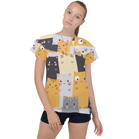 Seamless Pattern Cute Cat Cartoons Ruffle Collar Chiffon Blouse by Bedest