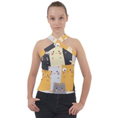 Seamless Pattern Cute Cat Cartoons Cross Neck Velour Top by Bedest