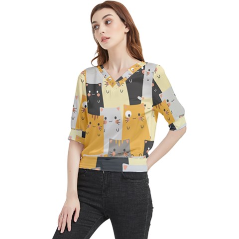 Seamless Pattern Cute Cat Cartoons Quarter Sleeve Blouse by Bedest