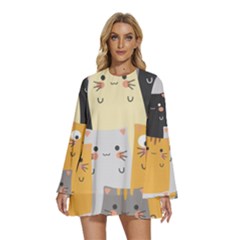 Seamless Pattern Cute Cat Cartoons Round Neck Long Sleeve Bohemian Style Chiffon Mini Dress by Bedest