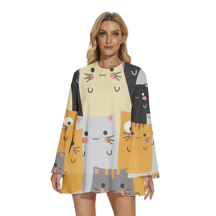 Seamless Pattern Cute Cat Cartoons Round Neck Long Sleeve Bohemian Style Chiffon Mini Dress