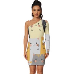 Seamless Pattern Cute Cat Cartoons Long Sleeve One Shoulder Mini Dress by Bedest