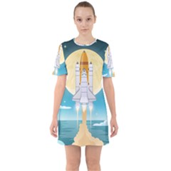 Space Exploration Illustration Sixties Short Sleeve Mini Dress by Bedest