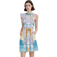 Space Exploration Illustration Cocktail Party Halter Sleeveless Dress With Pockets by Bedest