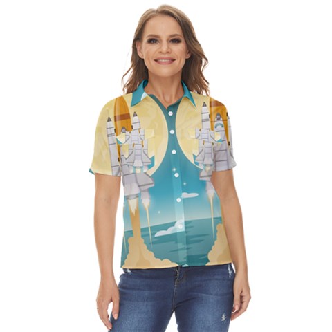 Space Exploration Illustration Women s Short Sleeve Double Pocket Shirt by Bedest