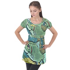 Fish Hook Worm Bait Water Hobby Puff Sleeve Tunic Top by Sarkoni