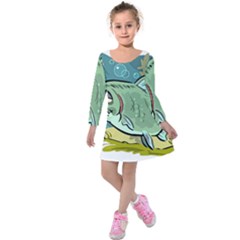 Fish Hook Worm Bait Water Hobby Kids  Long Sleeve Velvet Dress by Sarkoni