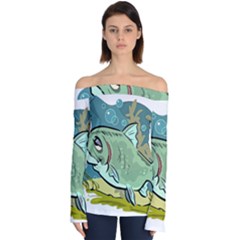 Fish Hook Worm Bait Water Hobby Off Shoulder Long Sleeve Top by Sarkoni