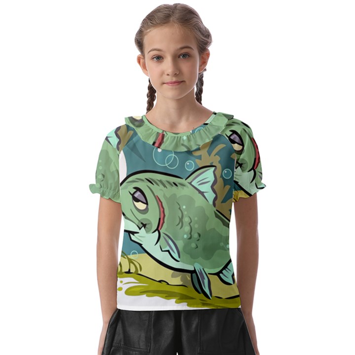 Fish Hook Worm Bait Water Hobby Kids  Frill Chiffon Blouse