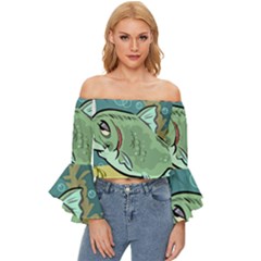 Fish Hook Worm Bait Water Hobby Off Shoulder Flutter Bell Sleeve Top by Sarkoni