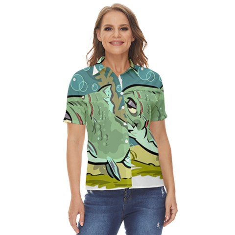 Fish Hook Worm Bait Water Hobby Women s Short Sleeve Double Pocket Shirt by Sarkoni