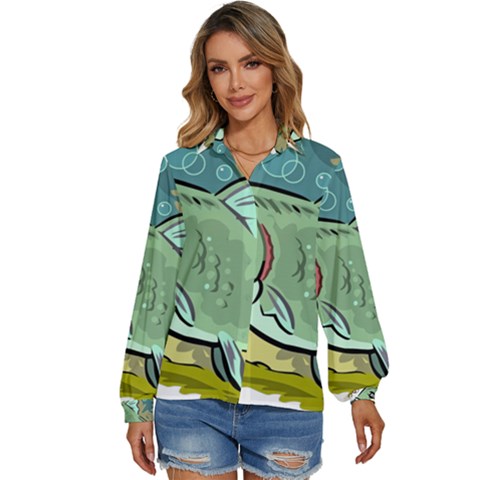 Fish Hook Worm Bait Water Hobby Women s Long Sleeve Button Up Shirt by Sarkoni