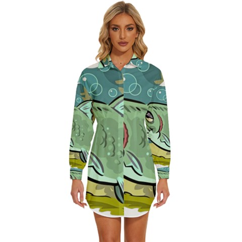 Fish Hook Worm Bait Water Hobby Womens Long Sleeve Shirt Dress by Sarkoni