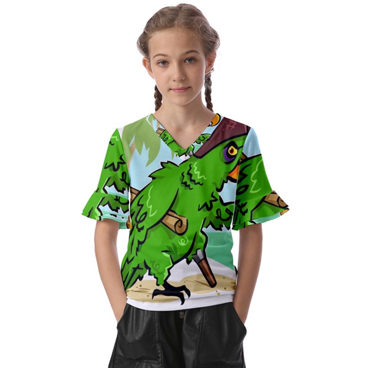 Parrot Hat Cartoon Captain Kids  V-Neck Horn Sleeve Blouse