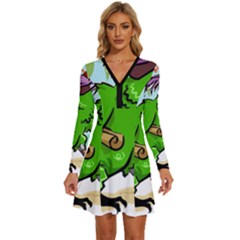 Parrot Hat Cartoon Captain Long Sleeve Deep V Mini Dress  by Sarkoni