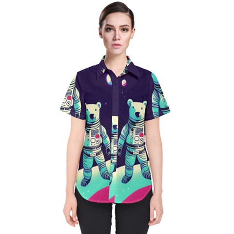 Bear Astronaut Futuristic Women s Short Sleeve Shirt by Bedest