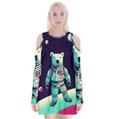 Bear Astronaut Futuristic Velvet Long Sleeve Shoulder Cutout Dress by Bedest