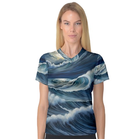 Waves Storm Sea V-neck Sport Mesh T-shirt by Bedest