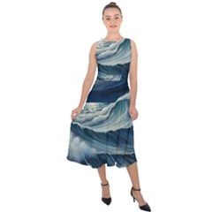 Waves Storm Sea Midi Tie-back Chiffon Dress by Bedest