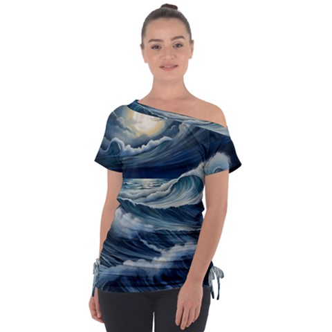 Waves Storm Sea Off Shoulder Tie-up T-shirt by Bedest