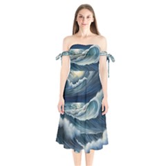 Waves Storm Sea Shoulder Tie Bardot Midi Dress by Bedest