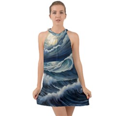 Waves Storm Sea Halter Tie Back Chiffon Dress by Bedest