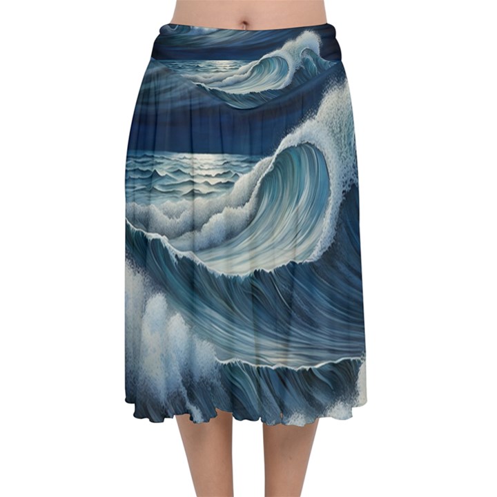 Waves Storm Sea Velvet Flared Midi Skirt