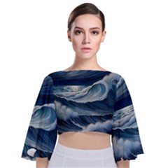 Waves Storm Sea Tie Back Butterfly Sleeve Chiffon Top by Bedest