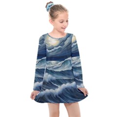 Waves Storm Sea Kids  Long Sleeve Dress by Bedest