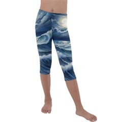 Waves Storm Sea Kids  Lightweight Velour Capri Leggings  by Bedest