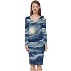 Waves Storm Sea Long Sleeve V-neck Bodycon Dress  by Bedest