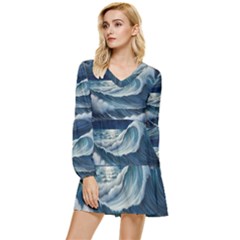 Waves Storm Sea Tiered Long Sleeve Mini Dress by Bedest