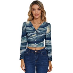 Waves Storm Sea Long Sleeve V-neck Top by Bedest