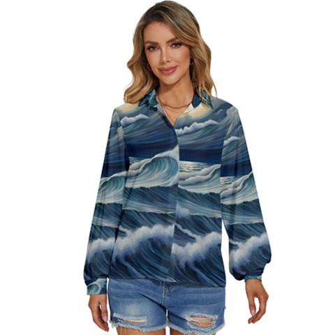 Waves Storm Sea Women s Long Sleeve Button Up Shirt by Bedest