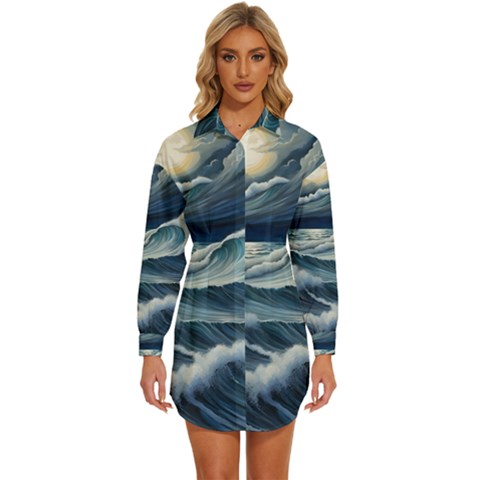 Waves Storm Sea Womens Long Sleeve Shirt Dress by Bedest