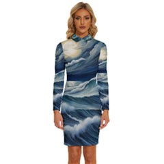 Waves Storm Sea Long Sleeve Shirt Collar Bodycon Dress by Bedest