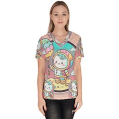 Boy Astronaut Cotton Candy Women s V-neck Scrub Top by Bedest