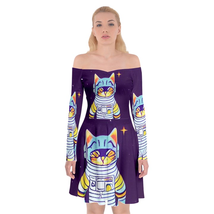 Cat Astronaut Space Retro Universe Off Shoulder Skater Dress