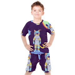 Cat Astronaut Space Retro Universe Kids  T-shirt And Shorts Set by Bedest