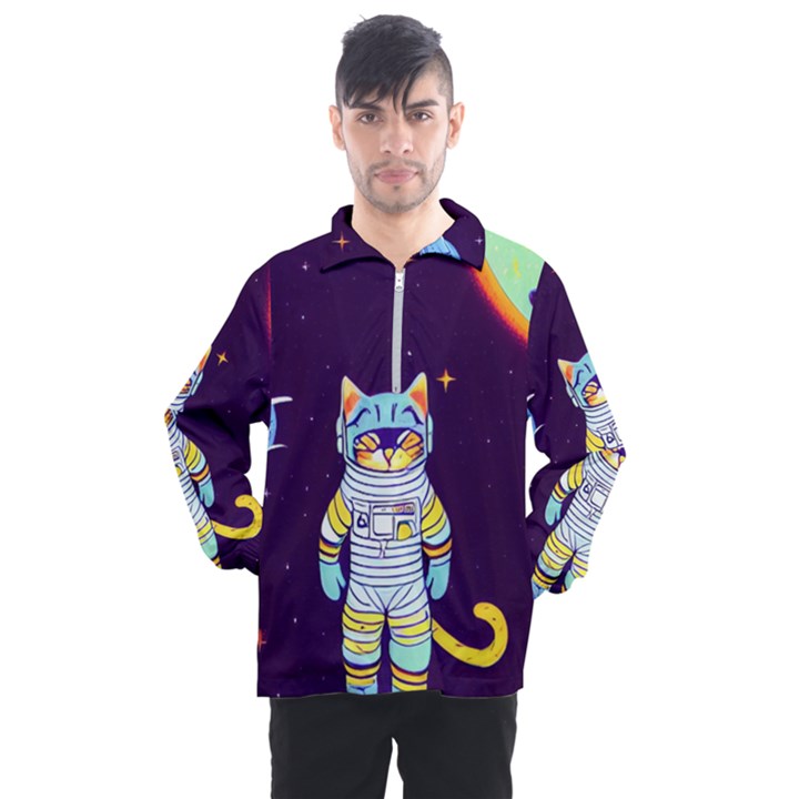 Cat Astronaut Space Retro Universe Men s Half Zip Pullover