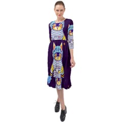 Cat Astronaut Space Retro Universe Ruffle End Midi Chiffon Dress