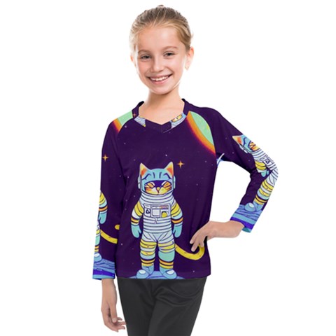 Cat Astronaut Space Retro Universe Kids  Long Mesh T-shirt by Bedest