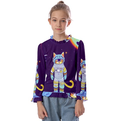 Cat Astronaut Space Retro Universe Kids  Frill Detail T-shirt by Bedest