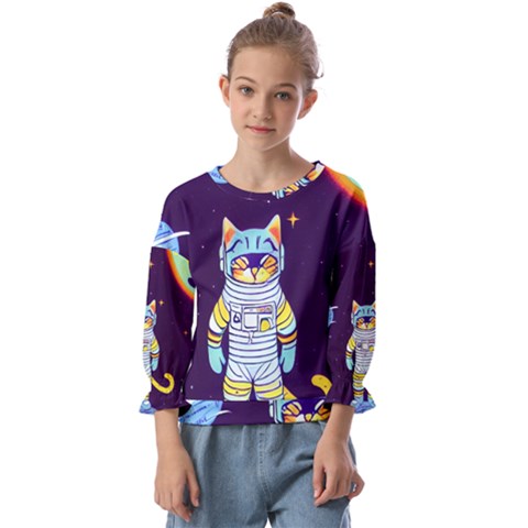 Cat Astronaut Space Retro Universe Kids  Cuff Sleeve Top by Bedest