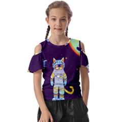 Cat Astronaut Space Retro Universe Kids  Butterfly Cutout T-shirt by Bedest