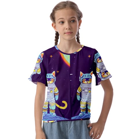 Cat Astronaut Space Retro Universe Kids  Cuff Sleeve Scrunch Bottom T-shirt by Bedest