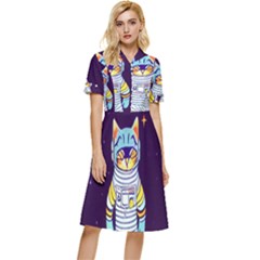 Cat Astronaut Space Retro Universe Button Top Knee Length Dress by Bedest