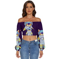 Cat Astronaut Space Retro Universe Long Sleeve Crinkled Weave Crop Top by Bedest