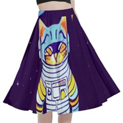 Cat Astronaut Space Retro Universe A-line Full Circle Midi Skirt With Pocket by Bedest